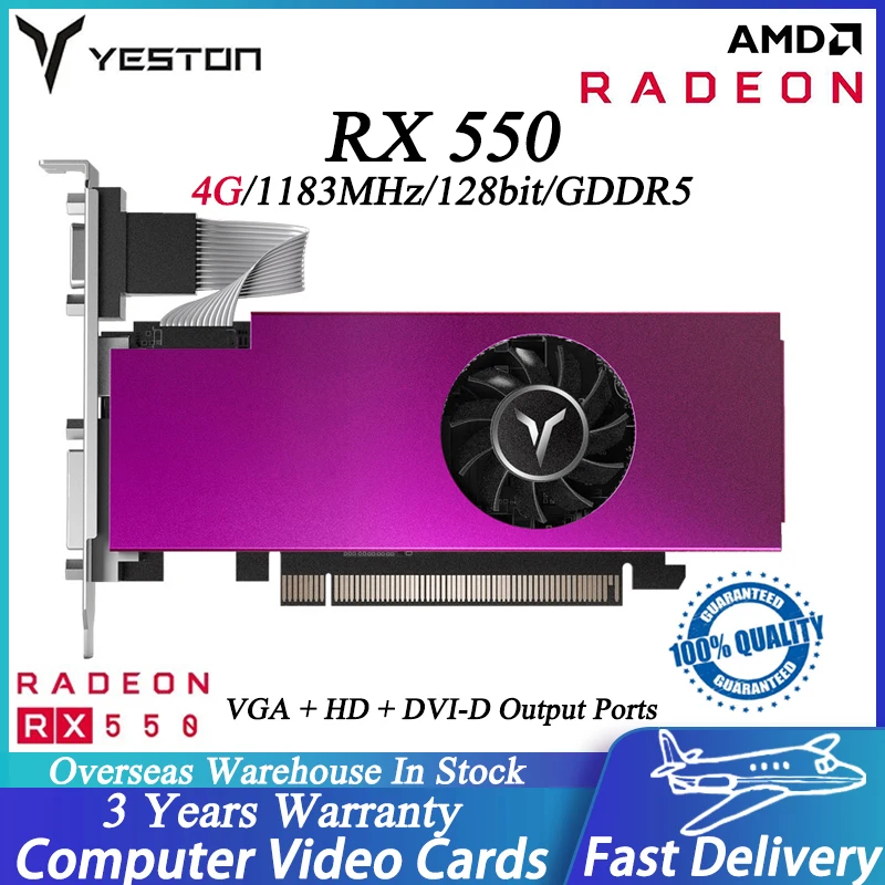 

YESTON RX550-4G D5 LP Graphics Card Radeon Chill 4GB GDDR5 Memory 128Bit 6000MHz PCI-E 3.0 VGA+HD+DVI-D 4K AMD GPU Video Cards