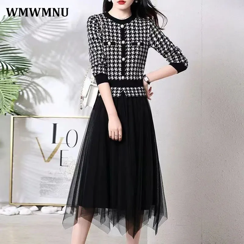 Vintage Houndstooth Patchwork Mesh Knitted Dresses Women Fake Two Pieces Casual Round Neck Long Sleeve Dresses Elegant Vestidos
Vintage Houndstooth Patchwork Mesh Knitted Dresses Women Fake Two Pieces Casual Round Neck Long Sleeve Dresses Elegant Vestidos