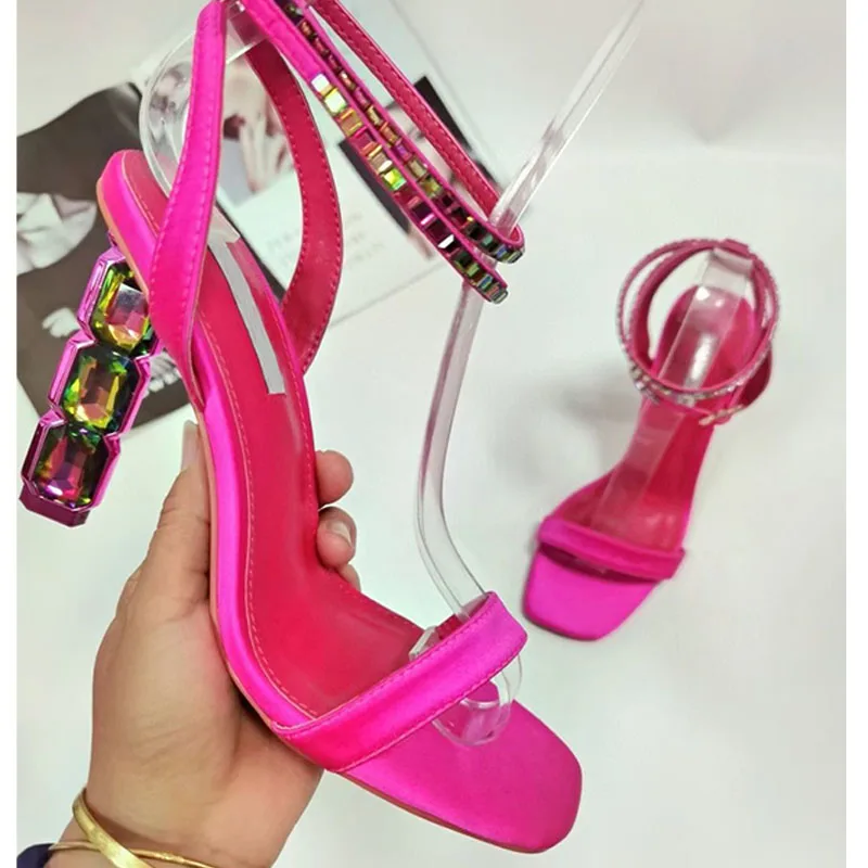 Женские модные сандалии с квадратным носком на каблуке со стразами, женская свадебная обувь большого размера