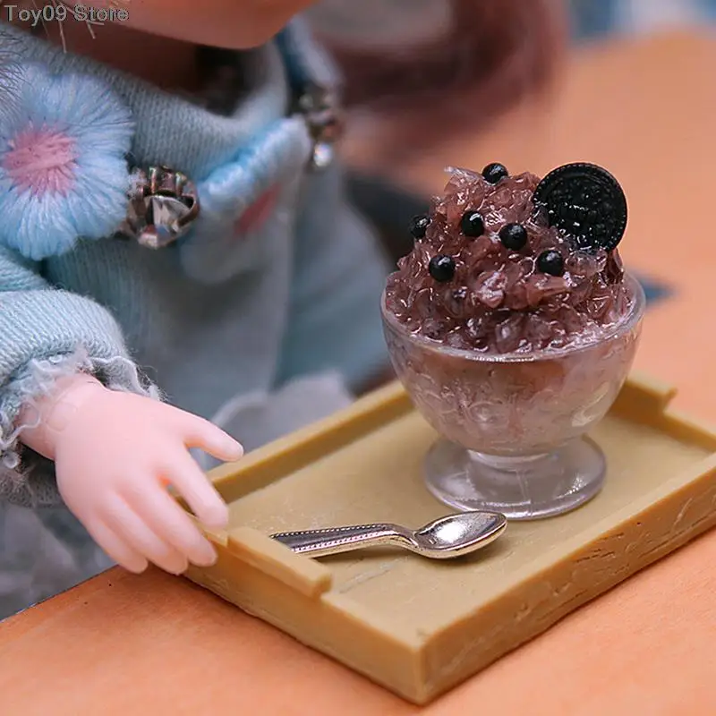 

1:12 миниатюрный кукольный домик еда Закуски мини мороженое сорбет бритый лед с ложкой для кукольного домика кухня ролевая игра еда игрушка
