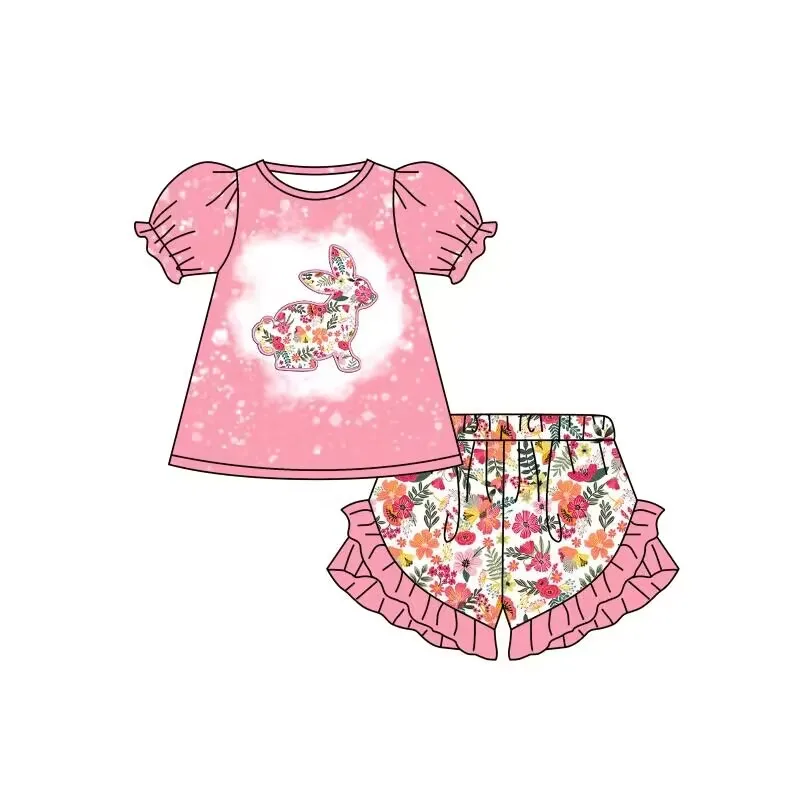 

Одежда для маленьких девочек, пасхальные комплекты с украшениями на заказ, шорты с коротким рукавом и цветочным принтом кролика, наряды, Детская эксклюзивная одежда