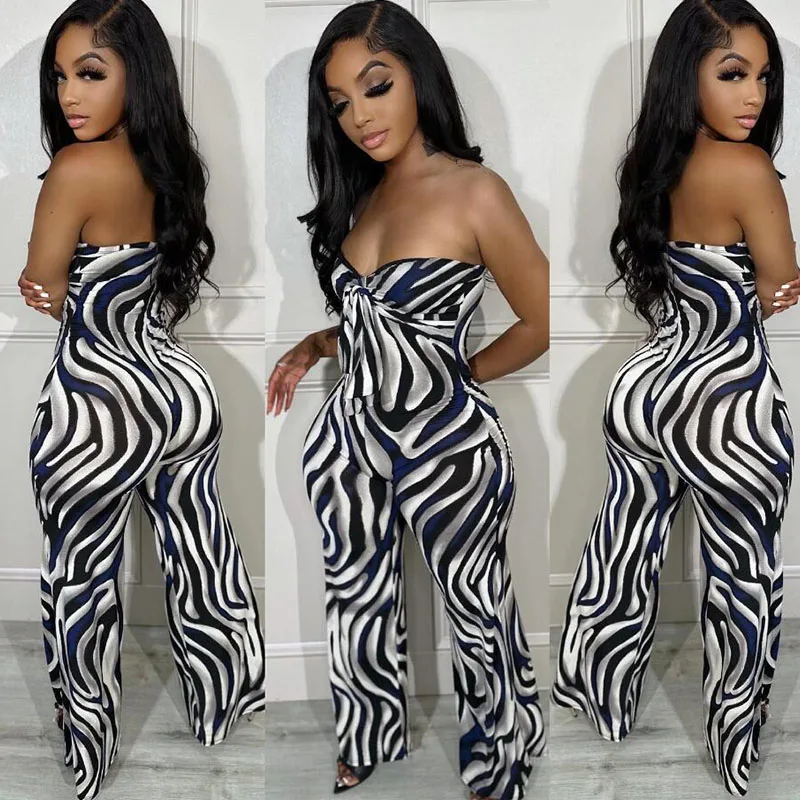 

Zebra Striped Tube Strapless Jumpsuit Women Sleeveless Backless Club Party Rompers Wide Leg Pants One Pieces Overalls Elegant