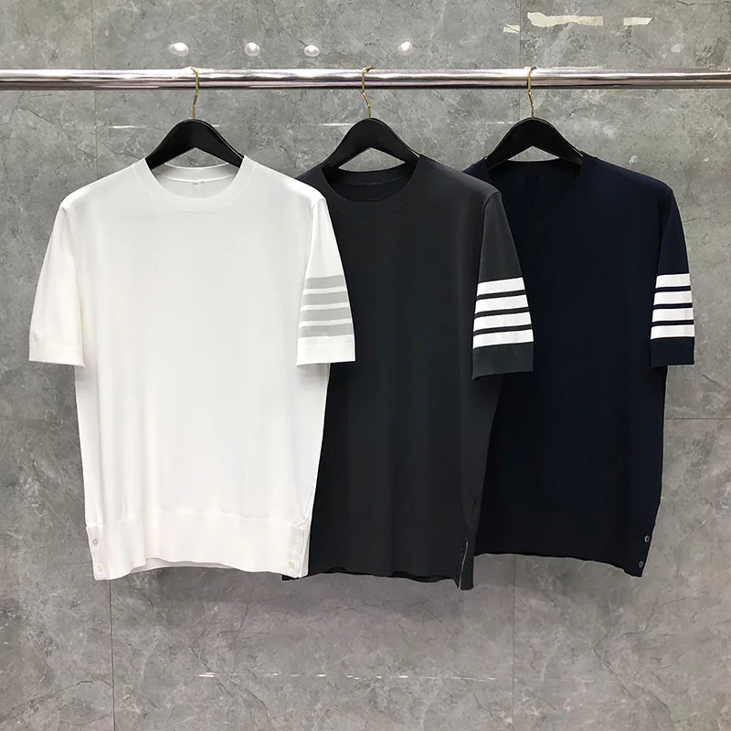 TB THOM Men's Casual Crew Neck Pullover Short Sleeve Knitted Summer Pullover Sweaters 100% Cotton Classic 4-bar Striped T-Shirt
TB THOM Men's Casual Crew Neck Pullover Short Sleeve Knitted Summer Pullover Sweaters 100% Cotton Classic 4-bar Striped T-Shirt