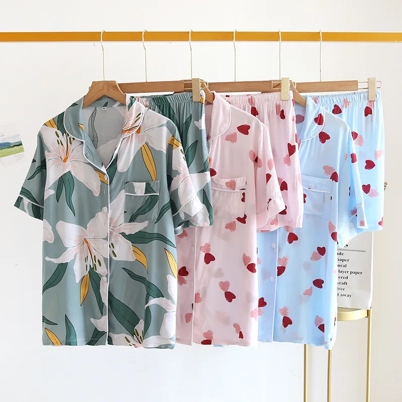 Cotton Pajamas Ladies Summer Short Sleeve Sweet Home Pyjama Femme Cotton Love Printing Cute Floral Shorts Pajamas Set
Cotton Pajamas Ladies Summer Short Sleeve Sweet Home Pyjama Femme Cotton Love Printing Cute Floral Shorts Pajamas Set