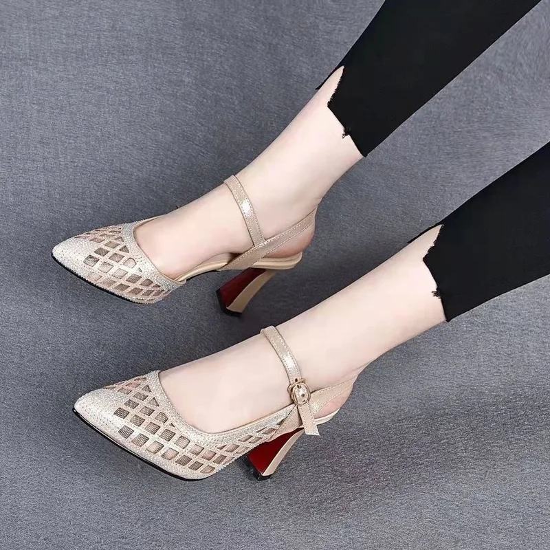 

2022 Women Pumps High Heels Sandals Pointed Toe Dress Shoes Cut-outs Sexy Heels Bling Hollow Outs Ladies Shoes Sandalias Mujer