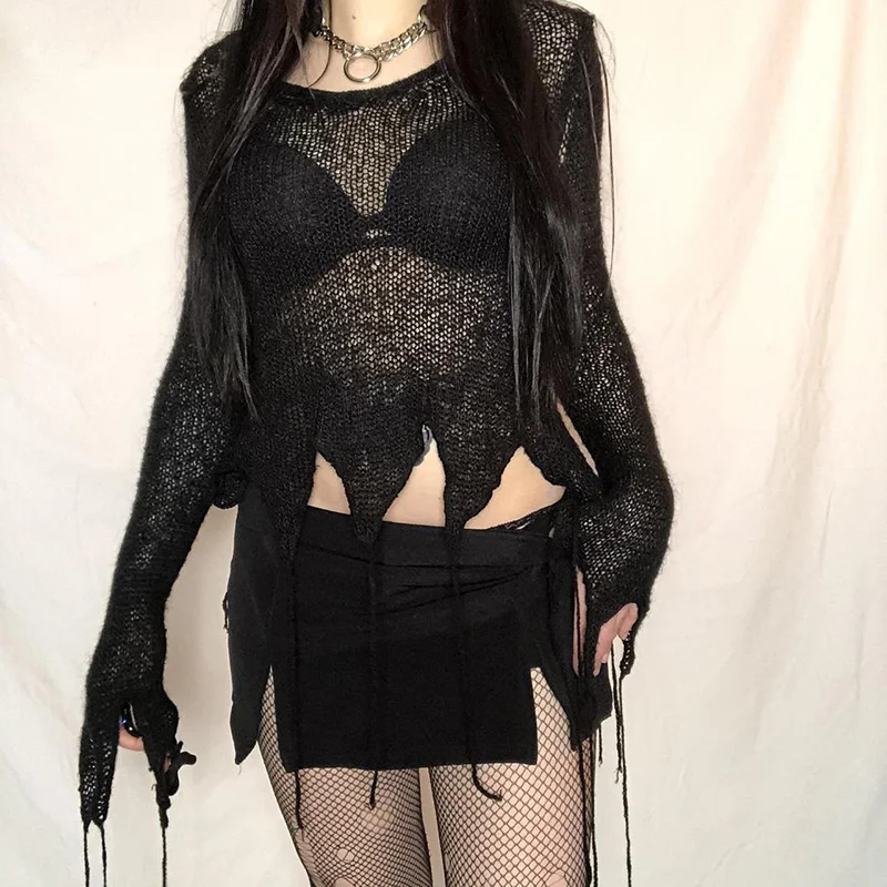 Rosetic Fashion Women Dark Goth Knits Top Long Sleeve Round Neck Slim See-through Pullover Gothic Style Sexy Ladies Autumn Tops
Rosetic Fashion Women Dark Goth Knits Top Long Sleeve Round Neck Slim See-through Pullover Gothic Style Sexy Ladies Autumn Tops