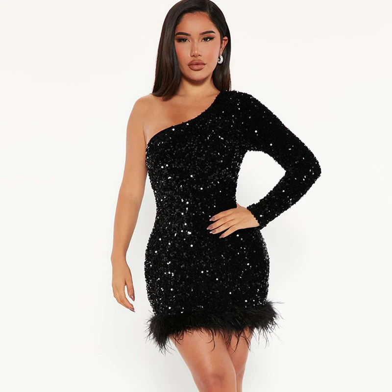 Znaiml 2023 Sexy Glitter Sequin Backless Feathers Bodycon Mini Dress Women Elegant One Shoulder Celebrity Evening Party Dress
Znaiml 2023 Sexy Glitter Sequin Backless Feathers Bodycon Mini Dress Women Elegant One Shoulder Celebrity Evening Party Dress