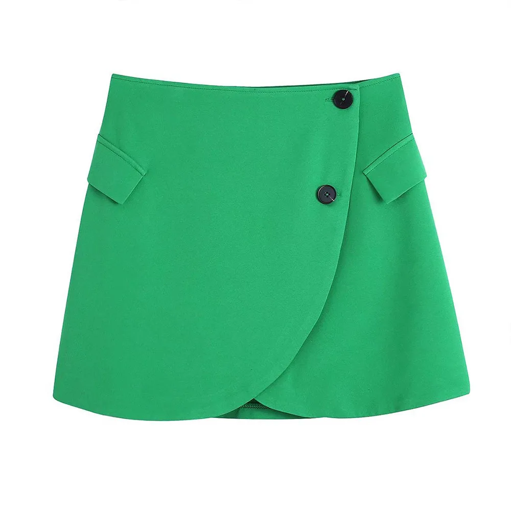 

Women 2022 New Fashion Chic Button Up Skirt Vintage A-Line Asymmetric Flap Pockets High Waist Female Mini Skirt Mujer