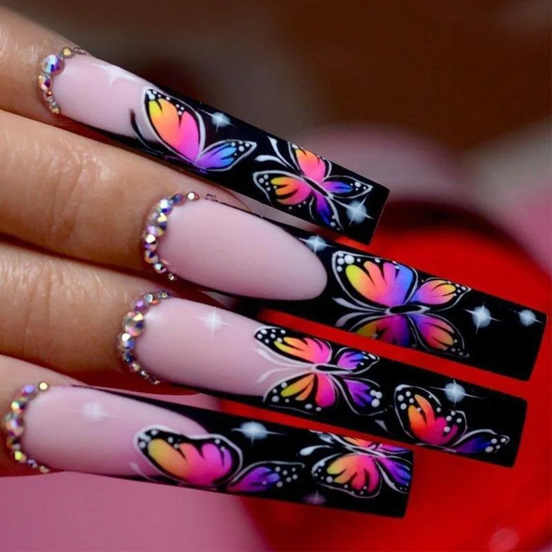 

24Pcs Ballet False Nails Long Coffin Fake Nails with Black French Butterfly Design Wearable Press on Nails Full Cover Nail Tips