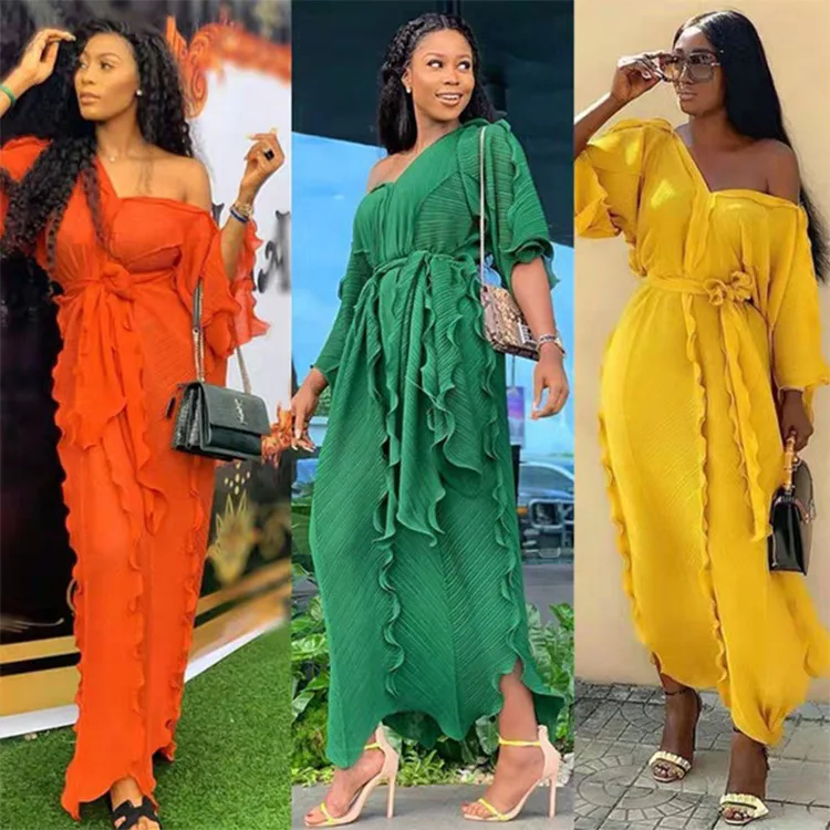 European and American dress African women's sexy V-neck pleated ruffle pearl chiffon loose and elegant women clothing
European and American dress African women's sexy V-neck pleated ruffle pearl chiffon loose and elegant women clothing