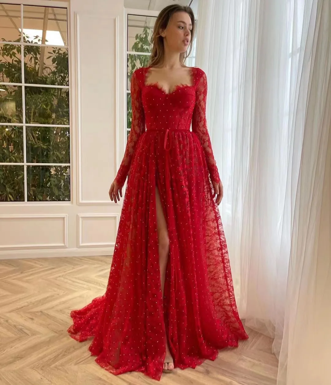 Red Lace Side Slit Sexy A Line Prom Dresses Hot Drill Long Sleeves Evening Dress Sqaure Neck Women Wear for Special Banquet
Red Lace Side Slit Sexy A Line Prom Dresses Hot Drill Long Sleeves Evening Dress Sqaure Neck Women Wear for Special Banquet