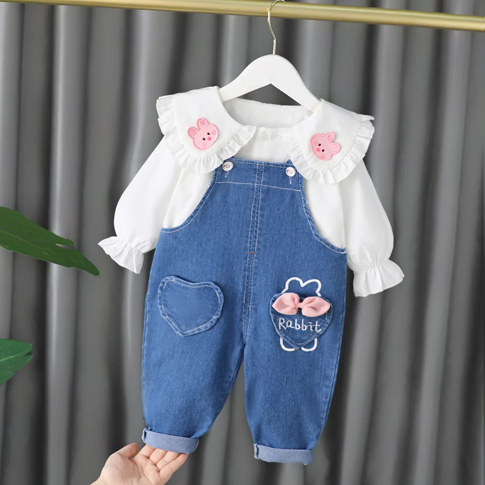 

Kids Wear Girl Baby's Fashion Jeans Suspenders Clothes Suit Spring Autumn New Long Sleeve Doll Collar Top Girls Cute Clothing
