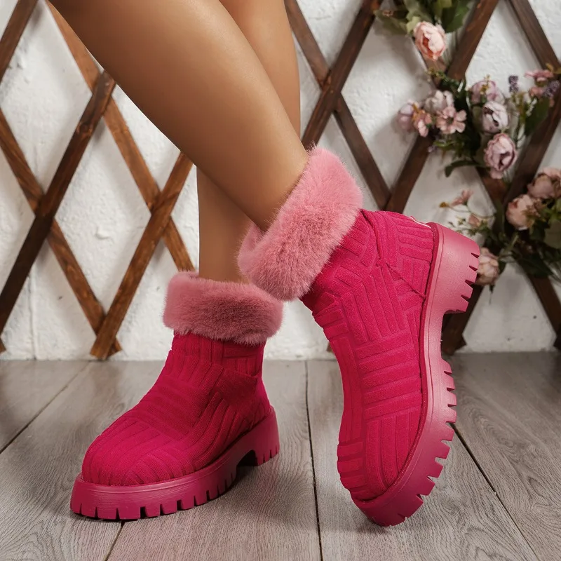 

2024Women's Winter Snow Boots Thick Sole Furry Fashion Designer Cotton Boots Wedge Mid Calf Motorcycle Boots Plush Women's Boots