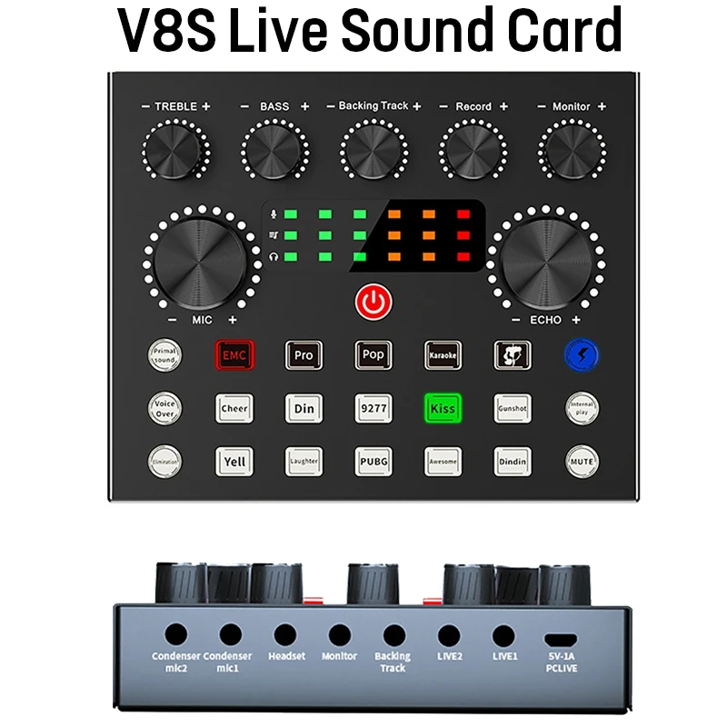 V8S Live Sound Card Audio Mixer USB External Sound Card Mobile Phone Live Voice Changer Professional Karaoke Studio Recording
V8S Live Sound Card Audio Mixer USB External Sound Card Mobile Phone Live Voice Changer Professional Karaoke Studio Recording