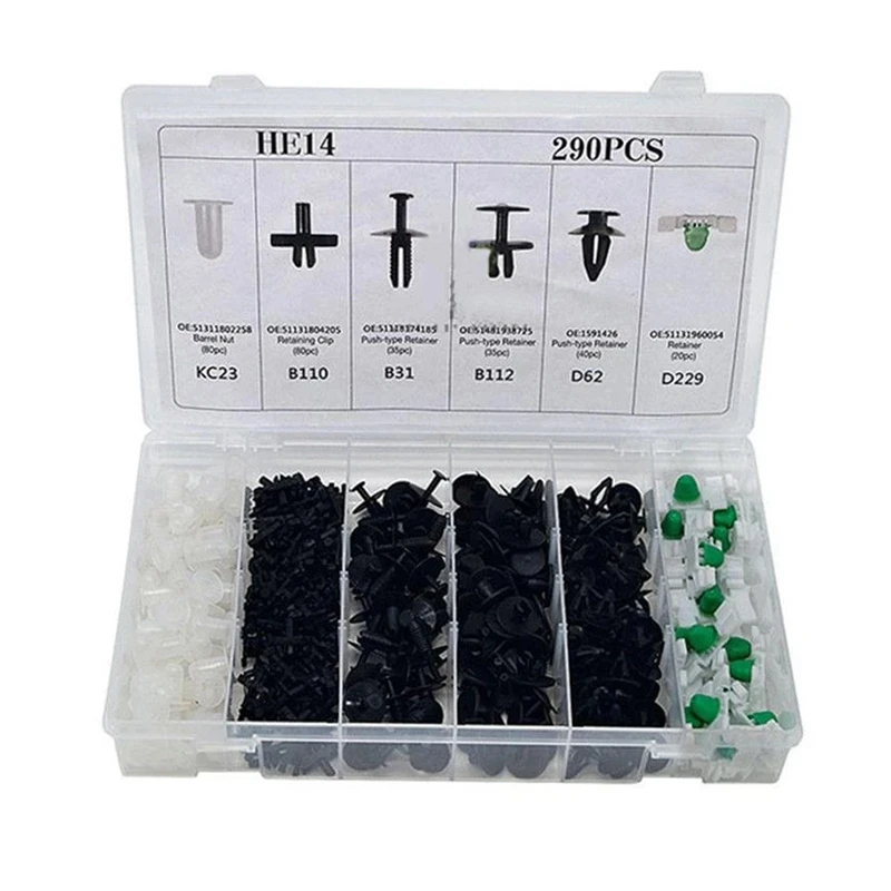 290 Pcs 6 Kinds HE14 Mixed Auto Fasteners Car Bumper Fender Door Trim Retainer Rivet Clip for-BMW Ford Toyota Honda Benz
290 Pcs 6 Kinds HE14 Mixed Auto Fasteners Car Bumper Fender Door Trim Retainer Rivet Clip for-BMW Ford Toyota Honda Benz