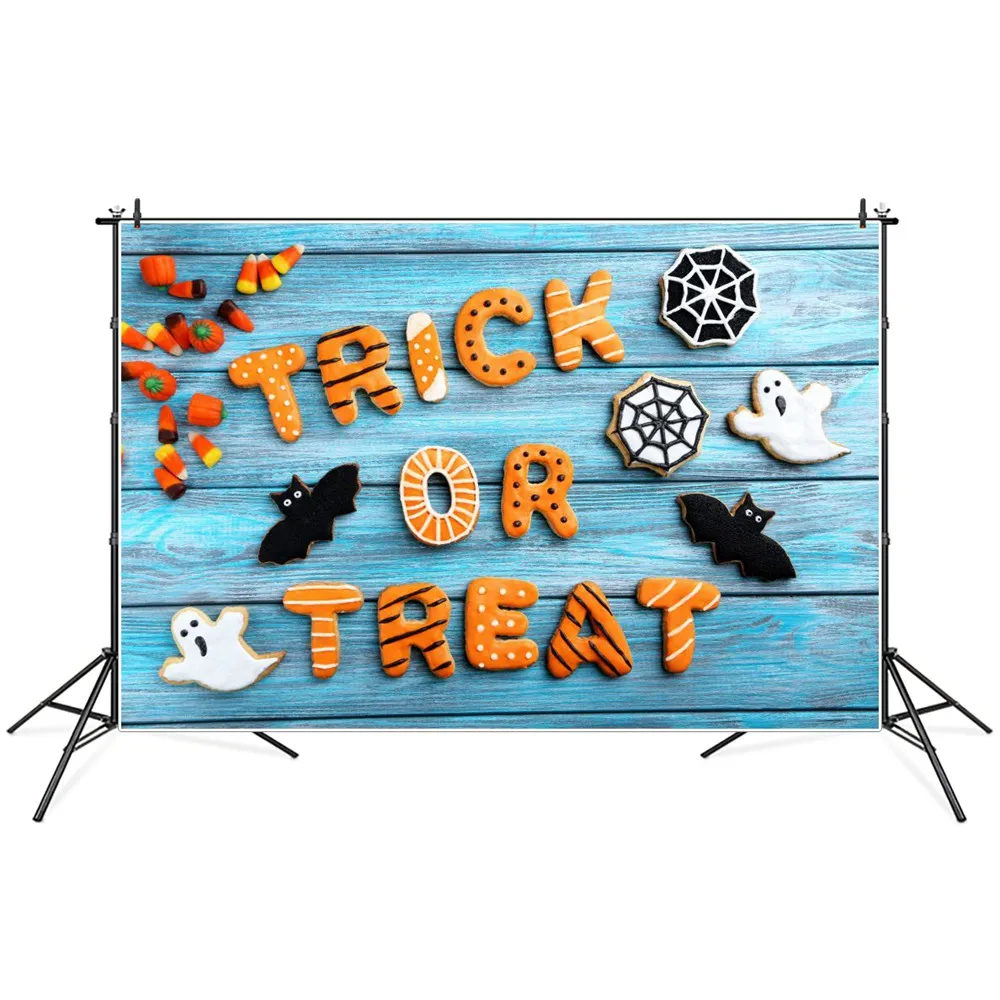 

Halloween Trick Or Treat Blue Wooden Plank Photography Backdrops Custom Bat Spider Net Ghost Party Decoration Photo Backgrounds