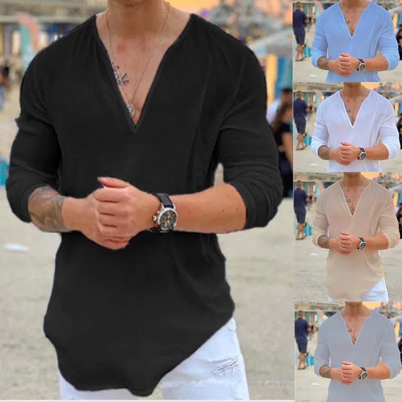 

Рубашка мужская с V-образным вырезом, повседневная сорочка из хлопка и льна, с длинными рукавами, однотонная, в европейском и американском стиле, 2023