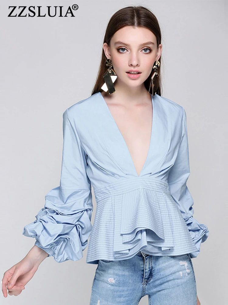 

ZZSLUIA Elegant Blouses For Women Solid Color V Neck Ruffles Designer Slim Shirts Fashion Lantern Sleeve Shirring Tops Female