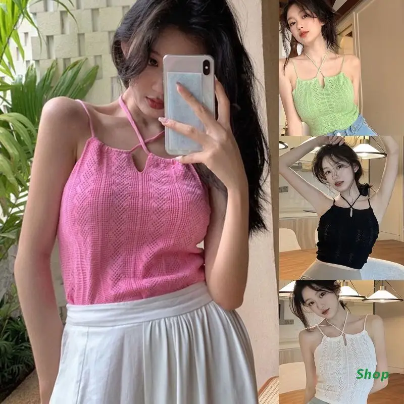 Женская майка с лямкой на шее L5YC, вязаные топы, однотонные Базовые укороченные топы, универсальный праздвечерние чный Топ 
Женская майка с лямкой на шее L5YC, вязаные топы, однотонные Базовые укороченные топы, универсальный праздвечерние чный Топ