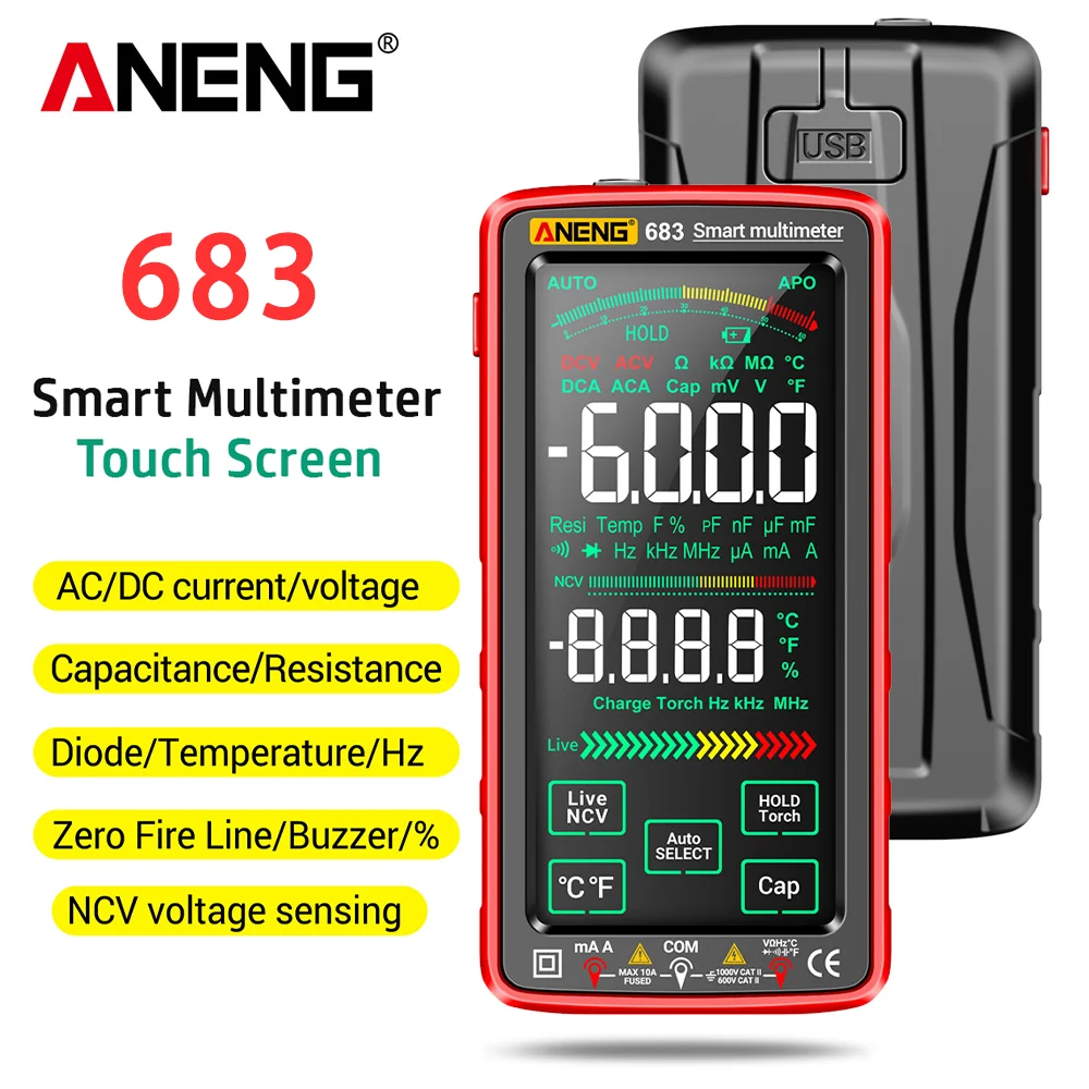 ANENG 683 Smart 6000 Counts Multimeter High-end Touch Multimetro Test Rechargeable Multitester AC/DC Voltage Tester Current Tool
ANENG 683 Smart 6000 Counts Multimeter High-end Touch Multimetro Test Rechargeable Multitester AC/DC Voltage Tester Current Tool