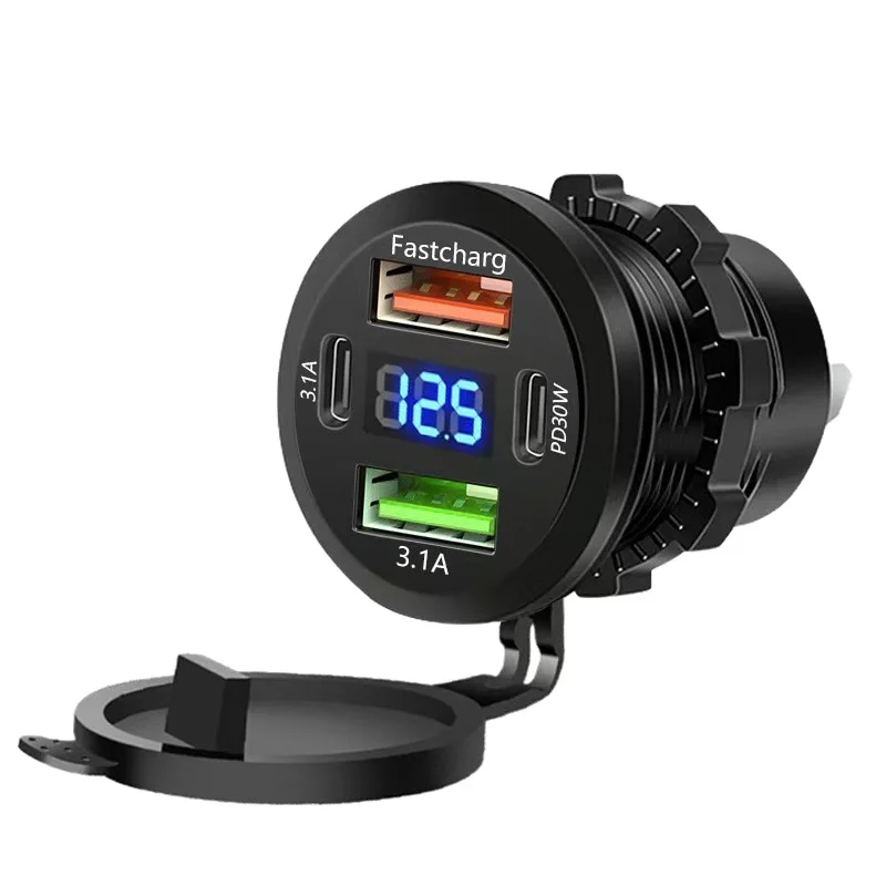 Автомобильное зарядное устройство, двойная розетка Type-C и Dual USB, 4 порта, водонепроницаемая розетка для быстрой зарядки с вольтметром 12 В/24 В для автомобиля, лодки, мотоцикла 
Автомобильное зарядное устройство, двойная розетка Type-C и Dual USB, 4 порта, водонепроницаемая розетка для быстрой зарядки с вольтметром 12 В/24 В для автомобиля, лодки, мотоцикла