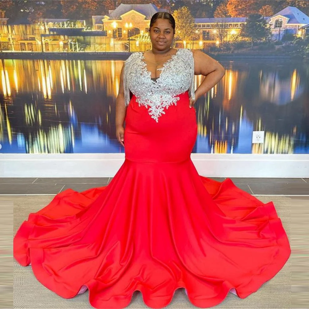 

Aso Ebi Prom Dresse Plus Size Red robe de soiree Exquisite Evening Dress Beading Applique Mermaid Prom Gowns vestido longo 2023