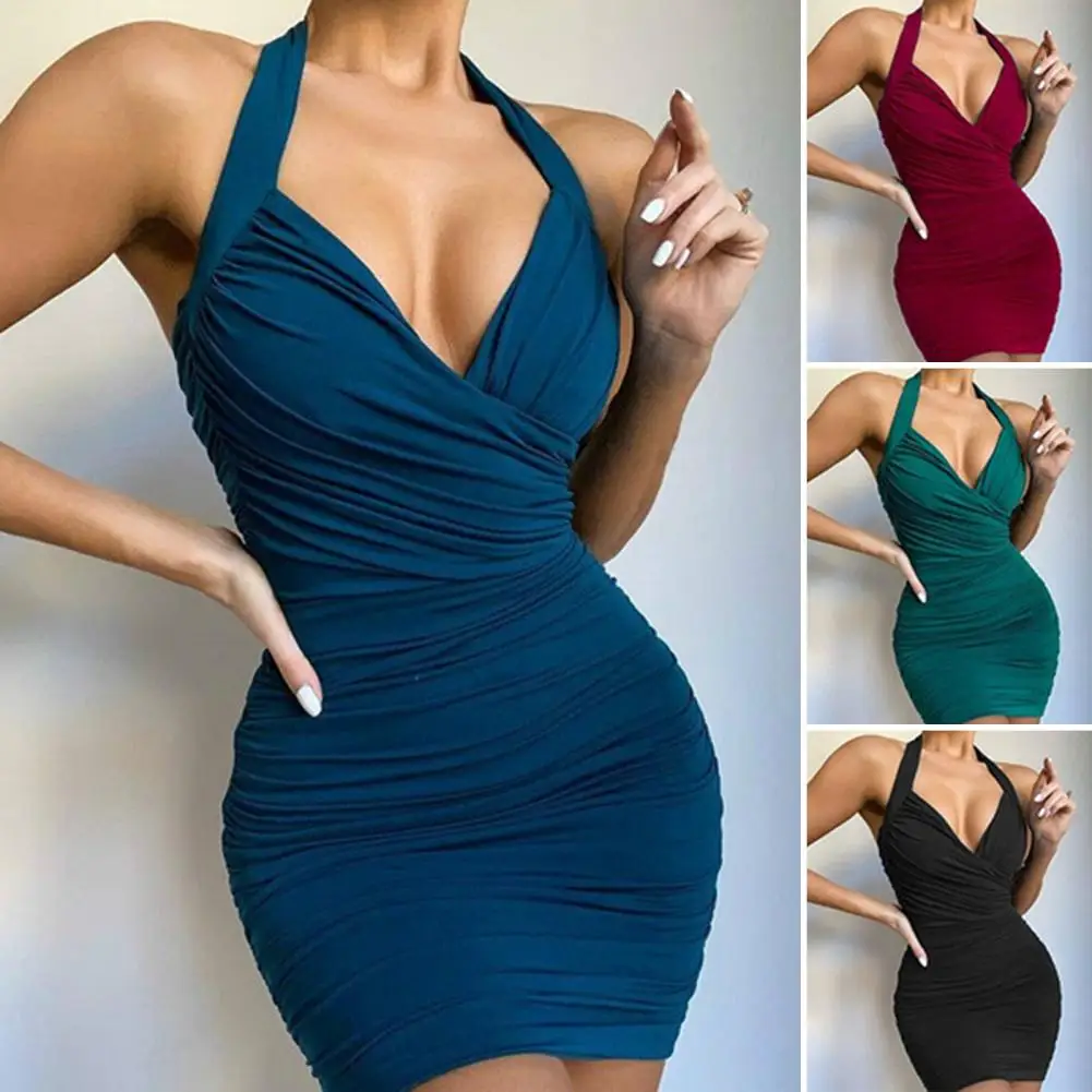 Chic Mini Dress Pure Colors Comfortable Sexy Dress Hanging Neck Solid Color Skinny Dress
Chic Mini Dress Pure Colors Comfortable Sexy Dress Hanging Neck Solid Color Skinny Dress