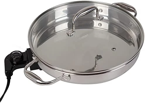 By Cucina Pro - 18/10 Stainless Steel Frying Pan with Tempered Glass Lid and Handles, 12" Round, Adjustable Temperature Cont 
By Cucina Pro - 18/10 Stainless Steel Frying Pan with Tempered Glass Lid and Handles, 12" Round, Adjustable Temperature Cont