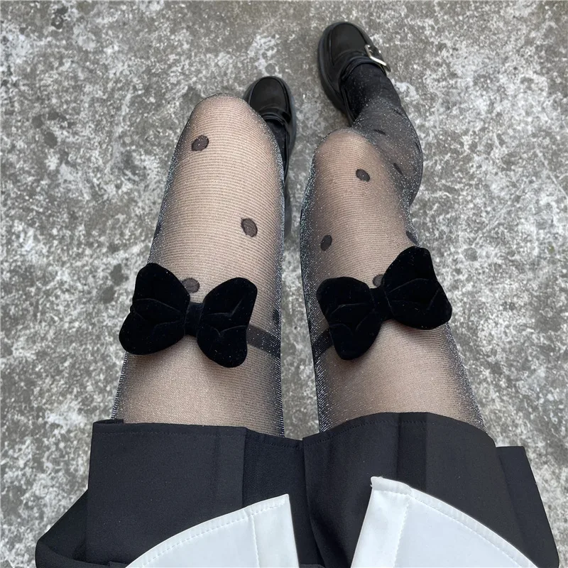 

Shine Black Polka Dots Patterned Black Tights Pantyhose Bow-knot Sexy Night Party Mesh Hollow Out Fishnets Bottoming Stockings