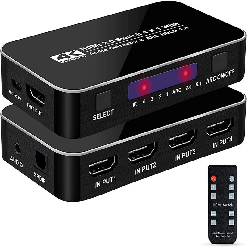 4 In 1 HDMI-compatible Switcher 4K 2160P 60HZ HDR Out 3.5mm Jack ARC IR Control for PS3 PS4 HDTV Projector 2.0 Splitter
4 In 1 HDMI-compatible Switcher 4K 2160P 60HZ HDR Out 3.5mm Jack ARC IR Control for PS3 PS4 HDTV Projector 2.0 Splitter