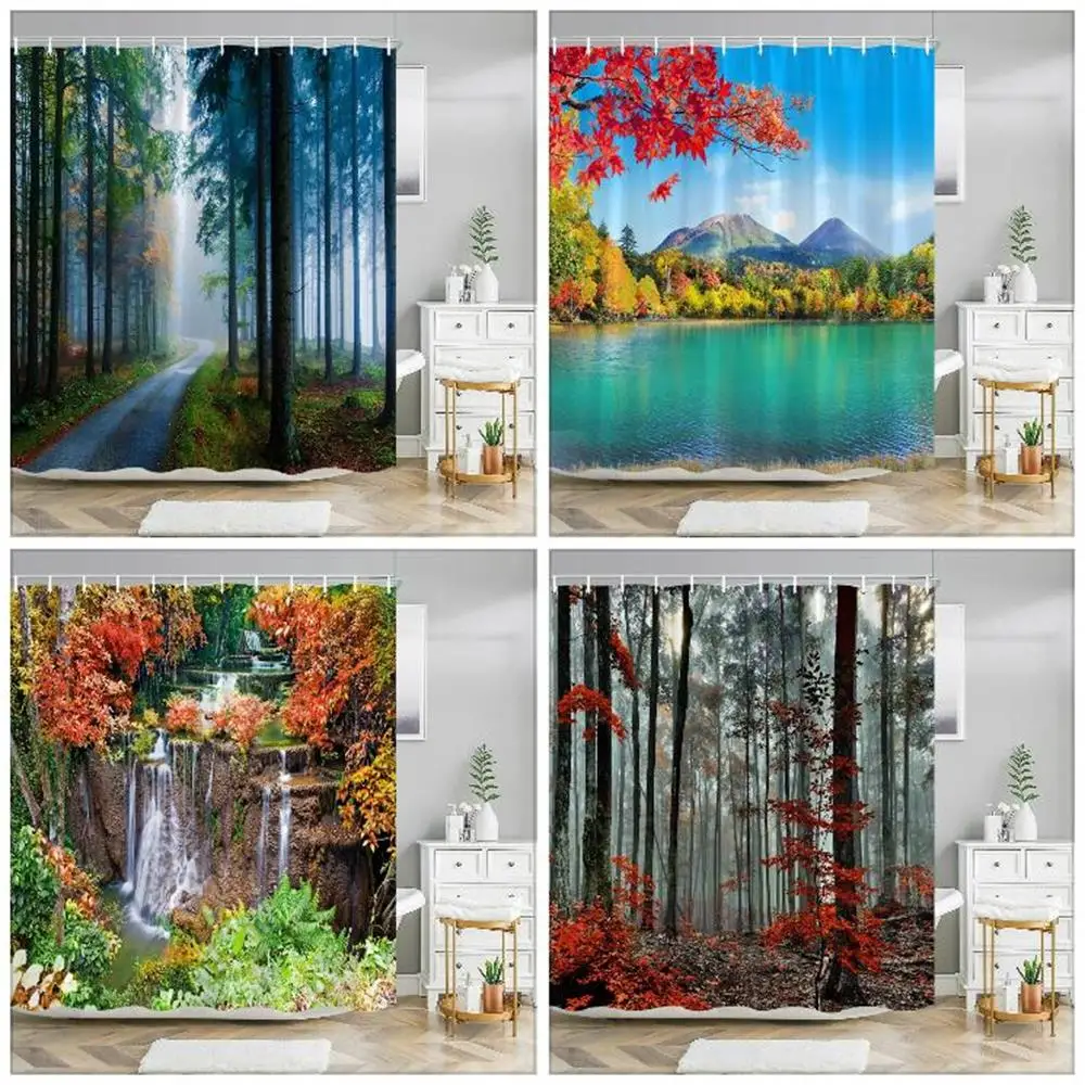 

Beautiful Autumn Outdoor Scenery Shower Curtain Forest Waterfall Fiery Red Maple Leaves Washable Shower Curtains Bathroom Decor