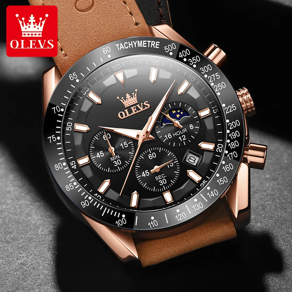 

OLEVS 9957 Multi-functional Men Quartz Watches Top Brand Luxury Chronograph Waterproof Luminous Sports Watch Man Leather Strap