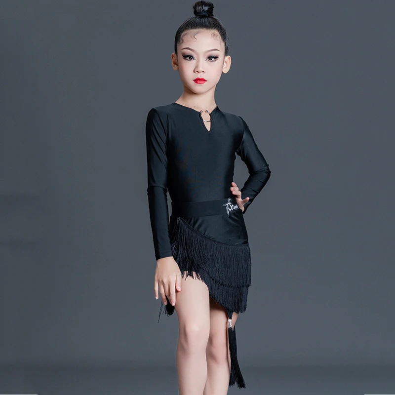 

Girls Ballroom Dance Competition Clothes Long Sleeved Latin Top Tassels Skirts Child Salsa Tango Chacha Practice Wear SL7384