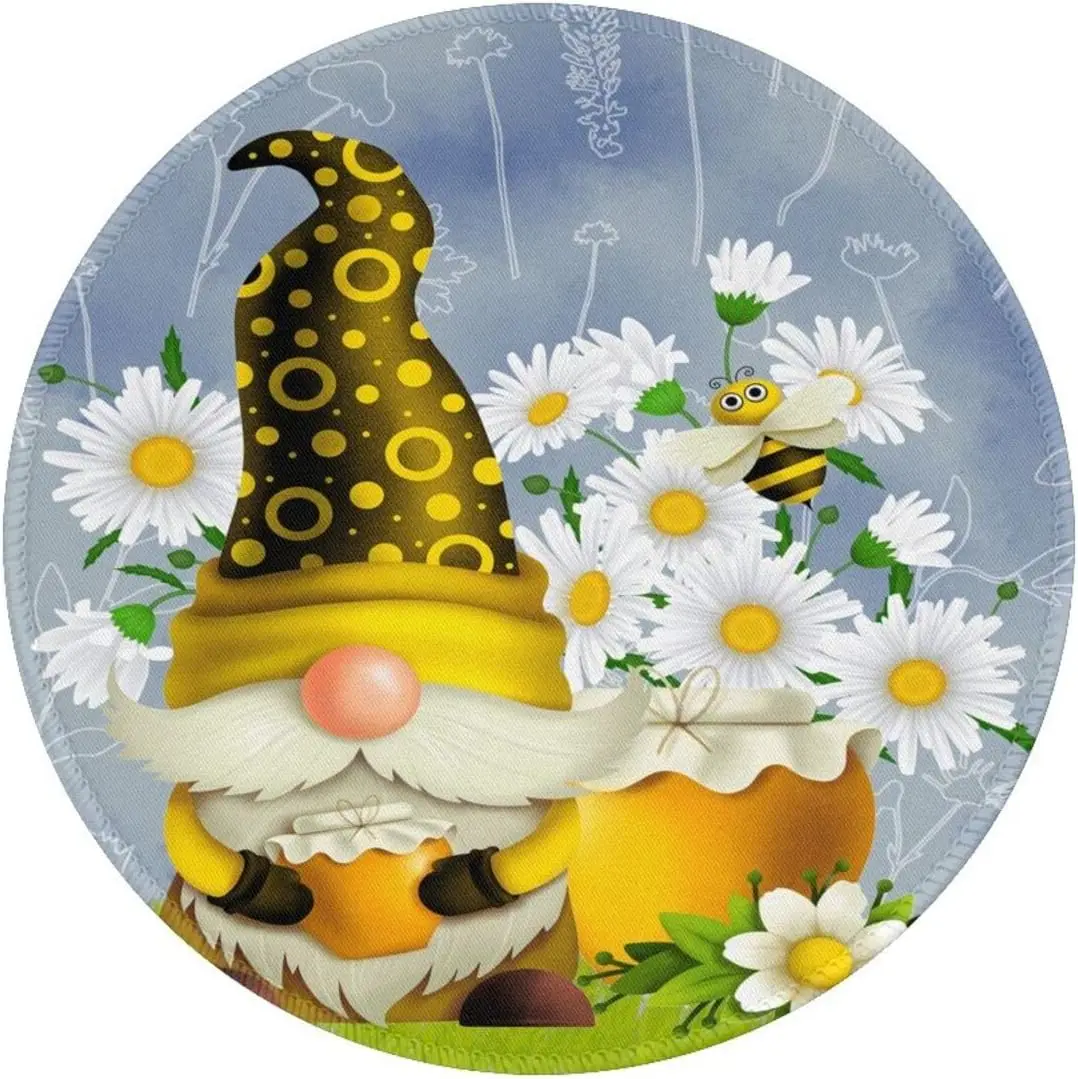 

Round Mouse Pad Honey Bee Gnome with Daisy Flower Design Personalized Gaming Mouse Mat Non-Slip Mousepad 7.9x7.9 Inch