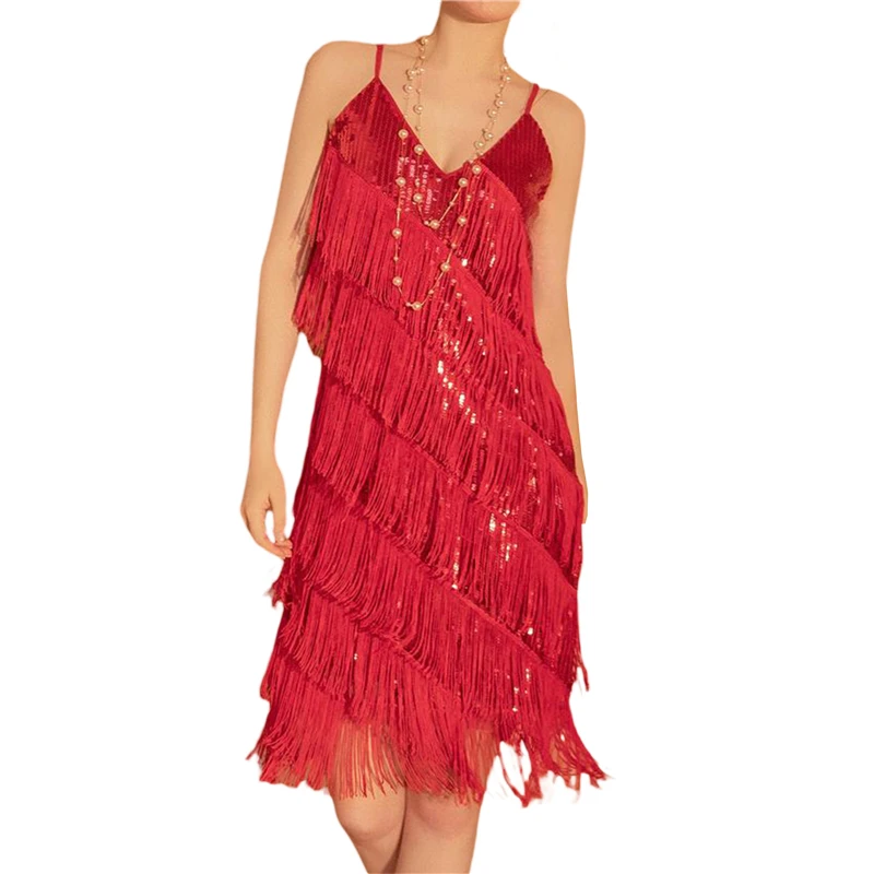 

Fringe Sequin Dress Sexy Women Sparkle Spaghetti Strap Sleeveless Tassels Midi Dress Summer Glitter Night Concert Clubwear