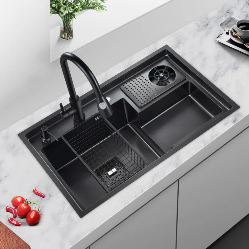 Stainless Steel Kitchen Sink with Cup Washer Multifunctional Black Nano Single Groove Handmade Kitchen Sink 78x48cm
Stainless Steel Kitchen Sink with Cup Washer Multifunctional Black Nano Single Groove Handmade Kitchen Sink 78x48cm
