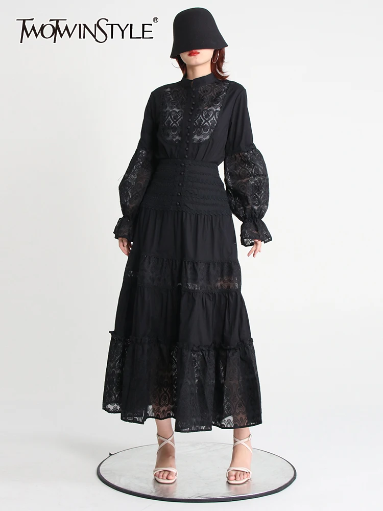 TWOTWINSTYLE Loose Dress For Women Stand Collar Long Sleeve High Waist Lace Panel Midi Dresses Female Autumn Clothing Style 2022
TWOTWINSTYLE Loose Dress For Women Stand Collar Long Sleeve High Waist Lace Panel Midi Dresses Female Autumn Clothing Style 2022