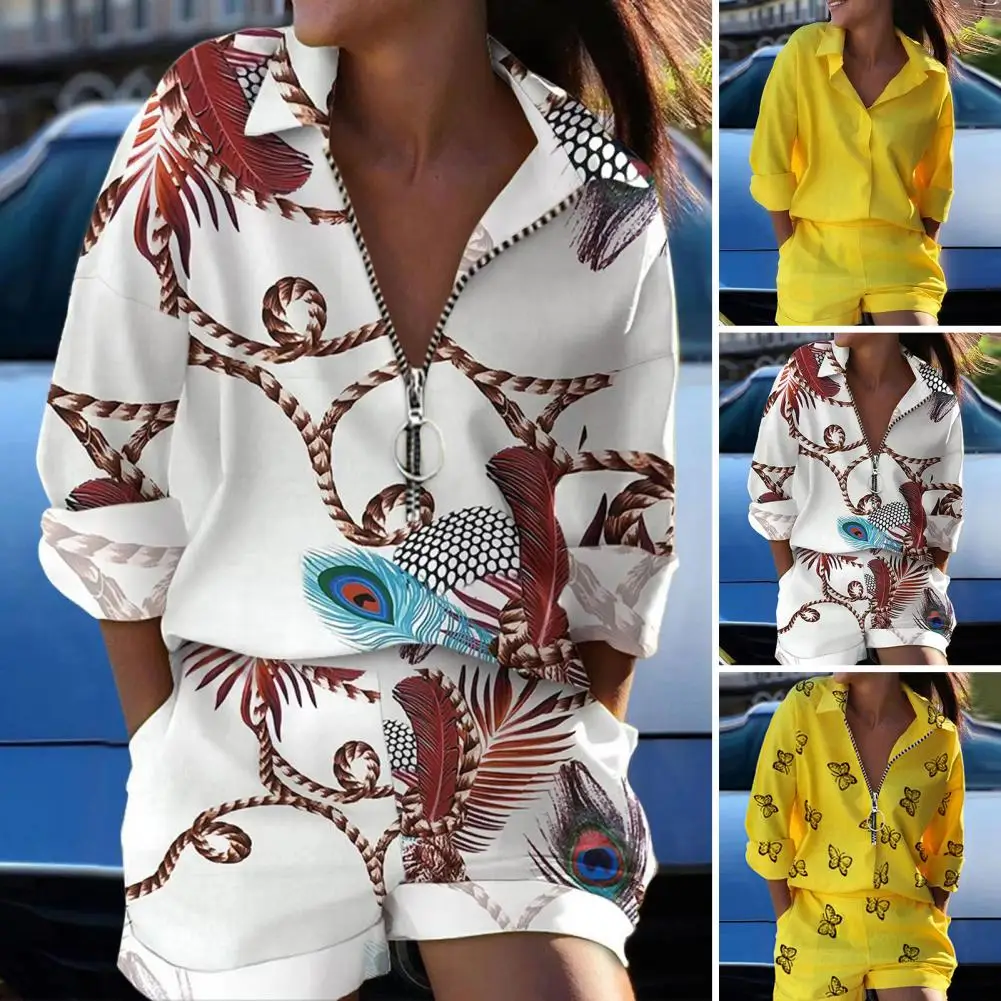 2Pcs/Set Women Shirt Shorts Suit Turndown Collar Long Sleeves Metal Ring Zipper Spring Summer Feather Printed T-Shirt Trousers
2Pcs/Set Women Shirt Shorts Suit Turndown Collar Long Sleeves Metal Ring Zipper Spring Summer Feather Printed T-Shirt Trousers