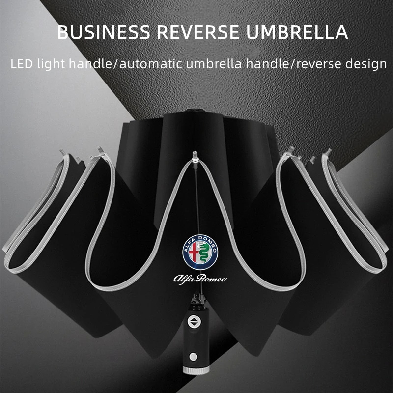 Automatic Umbrella with Reflective Stripe Led Sun Umbrellas Reverse Umbrella For Alfa Romeo giulia stelvio giulietta 159 147 156
Automatic Umbrella with Reflective Stripe Led Sun Umbrellas Reverse Umbrella For Alfa Romeo giulia stelvio giulietta 159 147 156