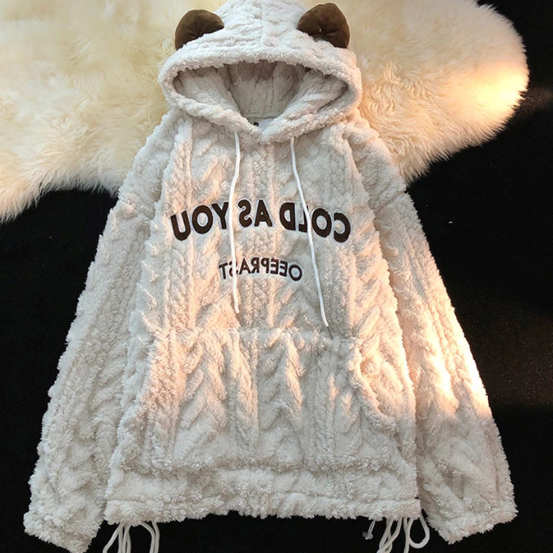 

Милые толстовки с капюшоном из овечьей шерсти в японском стиле, пуловеры большого размера с вышивкой надписями, толстые теплые флисовые толстовки на осень и зиму