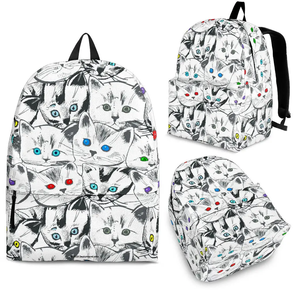 

YIKELUO Cute 3D Cartoon Cat Unisex Backpack College Student Durable Laptop Animal Knapsack With Zipper White Casual Travel Bag