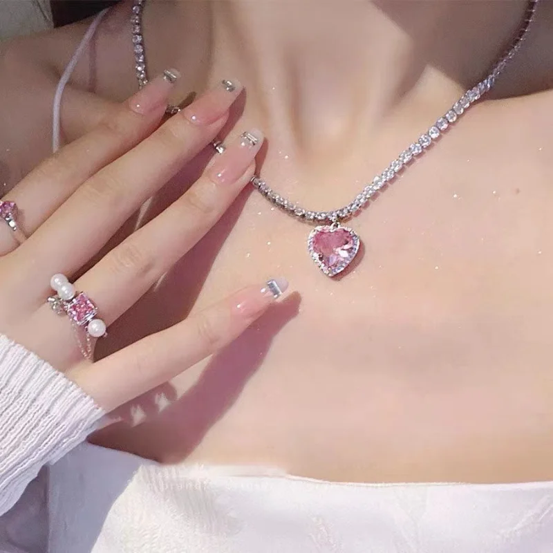 

Y2k розовое ожерелье с подвеской в виде сердца с бриллиантами в стиле панк для девушек и женщин, милое крутое стильное блестящее ожерелье с кристаллами, подарочное Ювелирное Украшение для свадебной вечеринки
