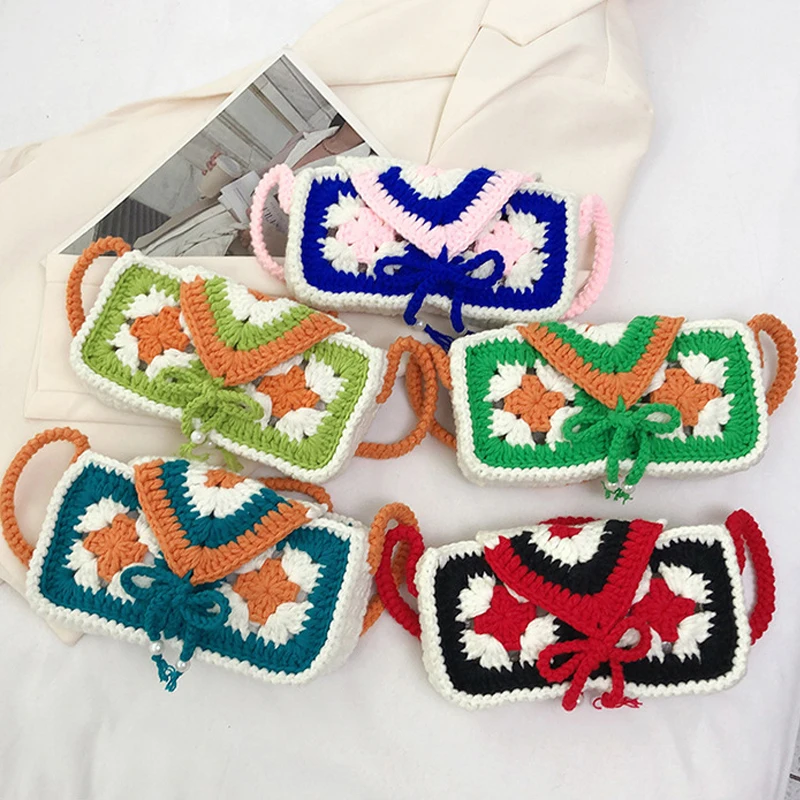 

Трикотажная сумка контрастных цветов, женская модная плетеная Сумка из хлопкового шнура, сумка-мессенджер через плечо, вязаная крючком сумка с клапаном