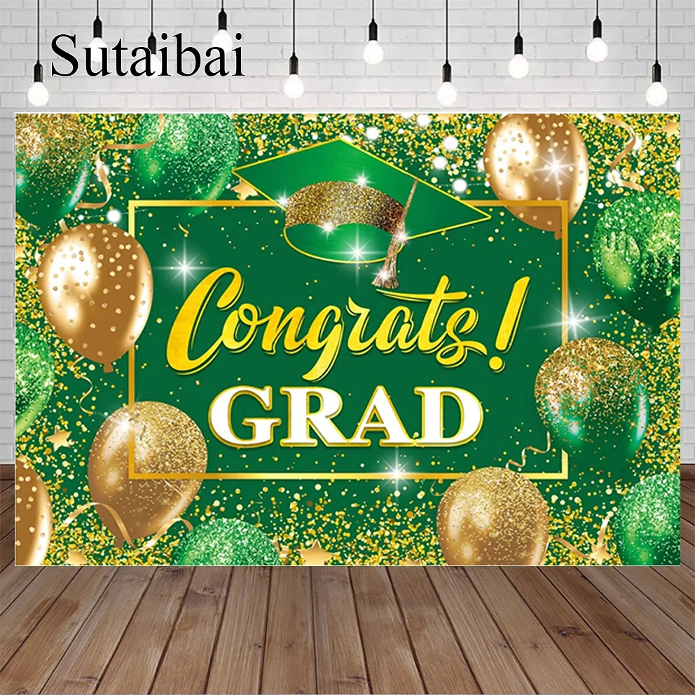 

Green Graduation Backdrop Congrats Grad Class of 2022 Prom Party Supplies Banner Academic Cap Glitter Balloons Decoration
