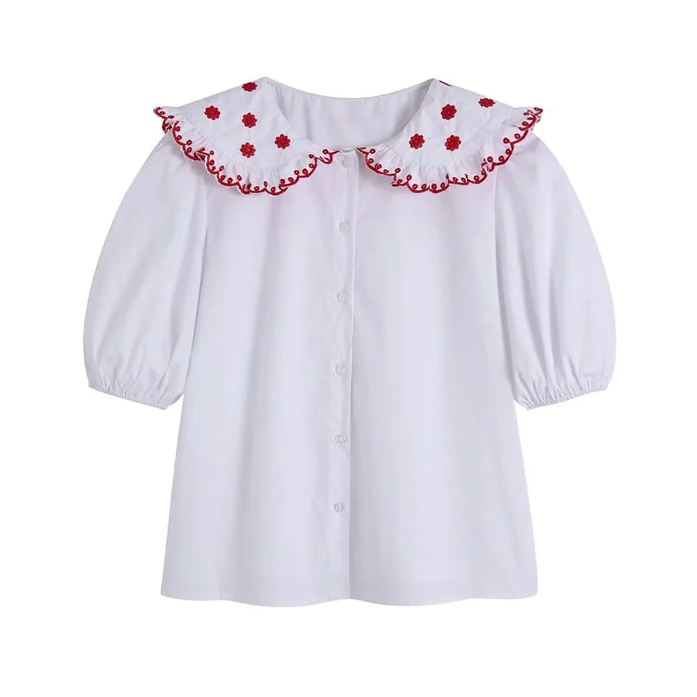 2022 Spring Women's New Fashion Doll Collar Puff Sleeve White Embroidered Poplin Shirt Casual Single Breasted Top Chic Blouse
2022 Spring Women's New Fashion Doll Collar Puff Sleeve White Embroidered Poplin Shirt Casual Single Breasted Top Chic Blouse