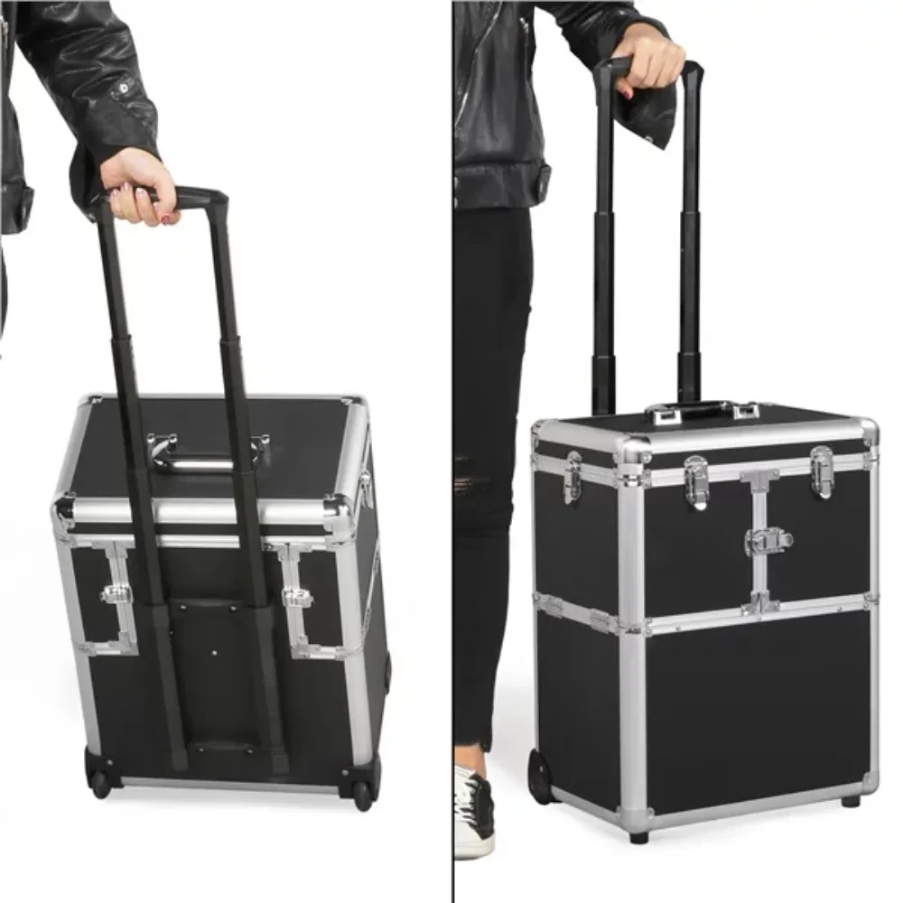 

Rolling Makeup Case Trolley with Wheels, Mirror, & Retractable Trays, Black