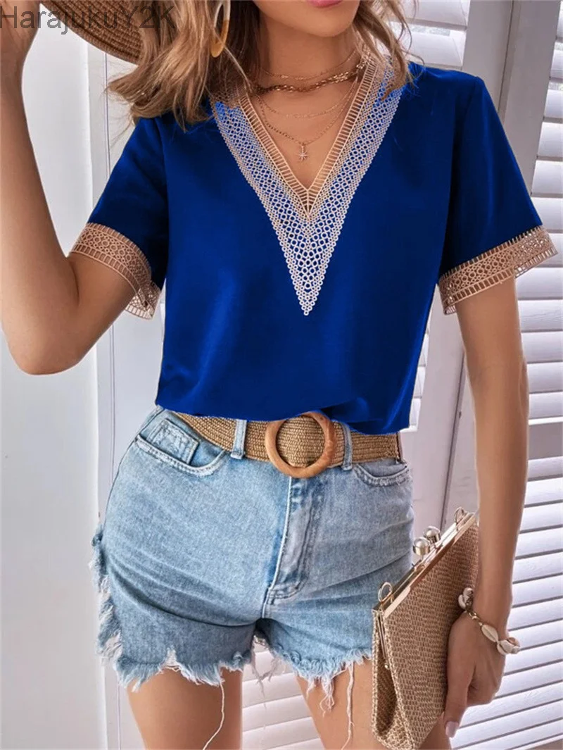 Women's V-neck Splicing Lace Blouse Elegant Commuter Loose Short Sleeve Shirt Female 2023 Summer British Style Daily Casual Tops
Women's V-neck Splicing Lace Blouse Elegant Commuter Loose Short Sleeve Shirt Female 2023 Summer British Style Daily Casual Tops