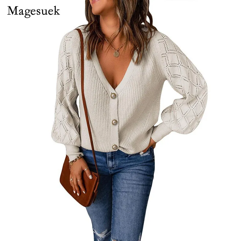 New Solid Argyle Pattern Cardigan Sweater Puff Sleeve Knitted Sweater Women Loose Single Breasted Coat Truien Dames 23371 
New Solid Argyle Pattern Cardigan Sweater Puff Sleeve Knitted Sweater Women Loose Single Breasted Coat Truien Dames 23371