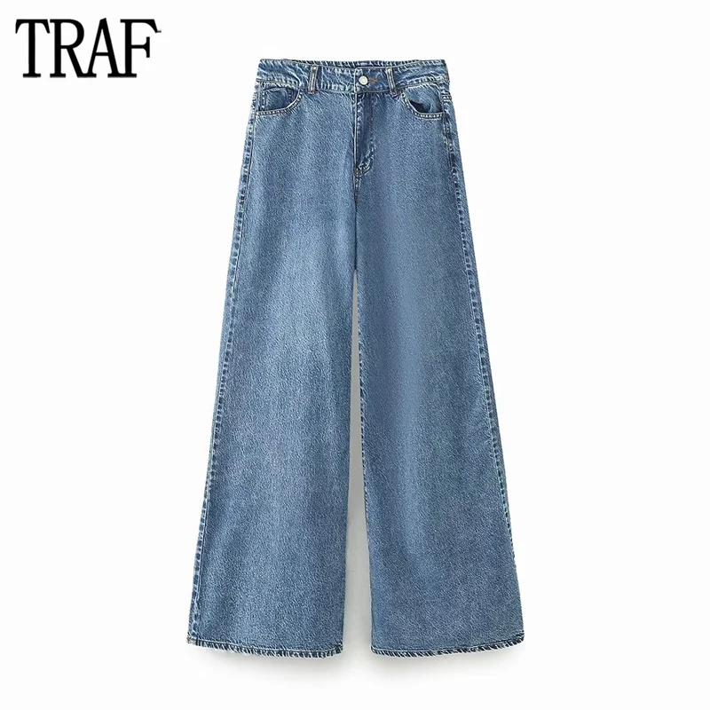 

TRAF 2023 Denim Baggy Jeans for Women Blue Palazzo Wide Pants Women Faded High Waist Jeans Woman Streetwear Pants Jeans Women