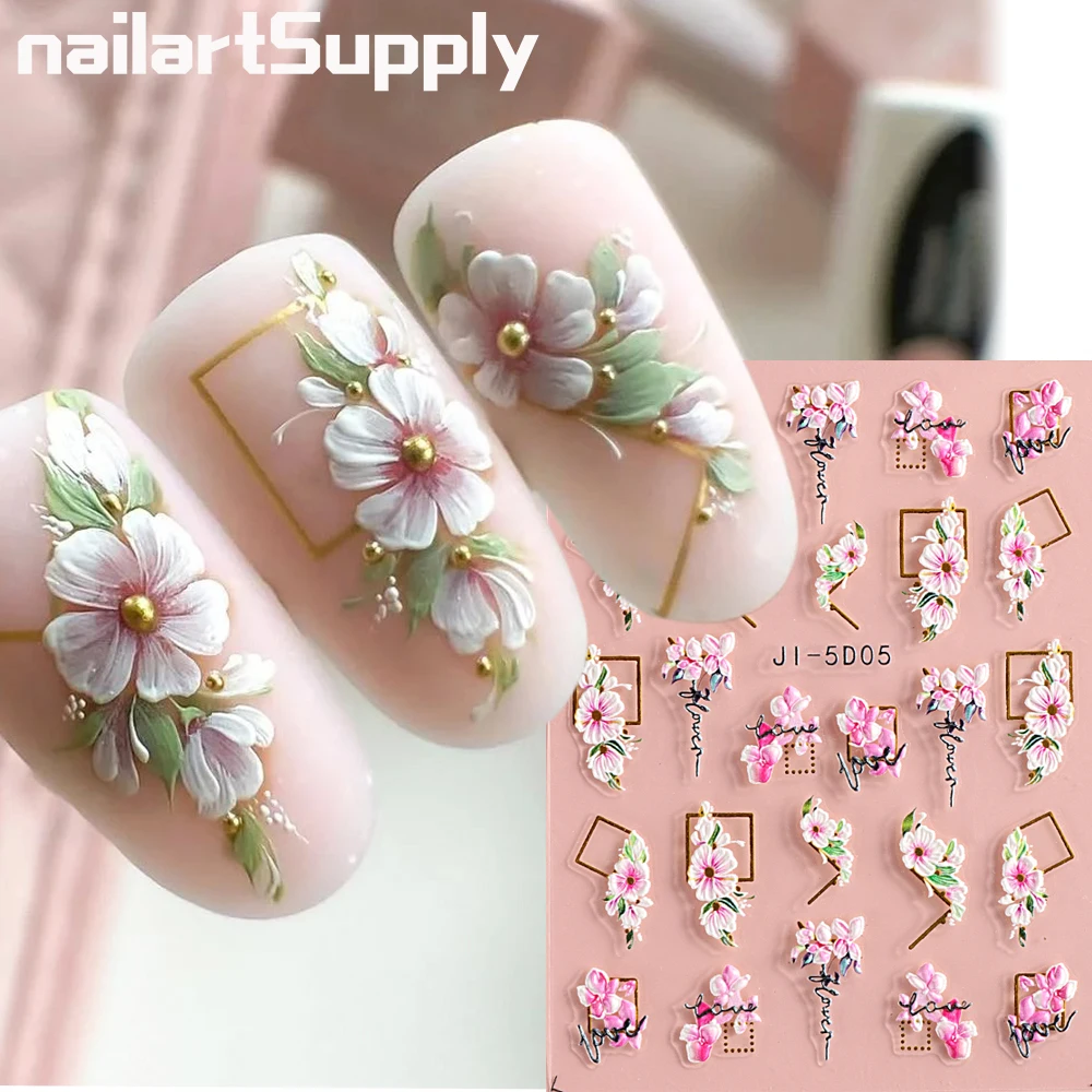 

5D Nail Stickers Flowers Geometric Lines Decor Acrylic Embossed Sliders Gold Frame Nail Decals Cherry Blossom Manicure Applique*